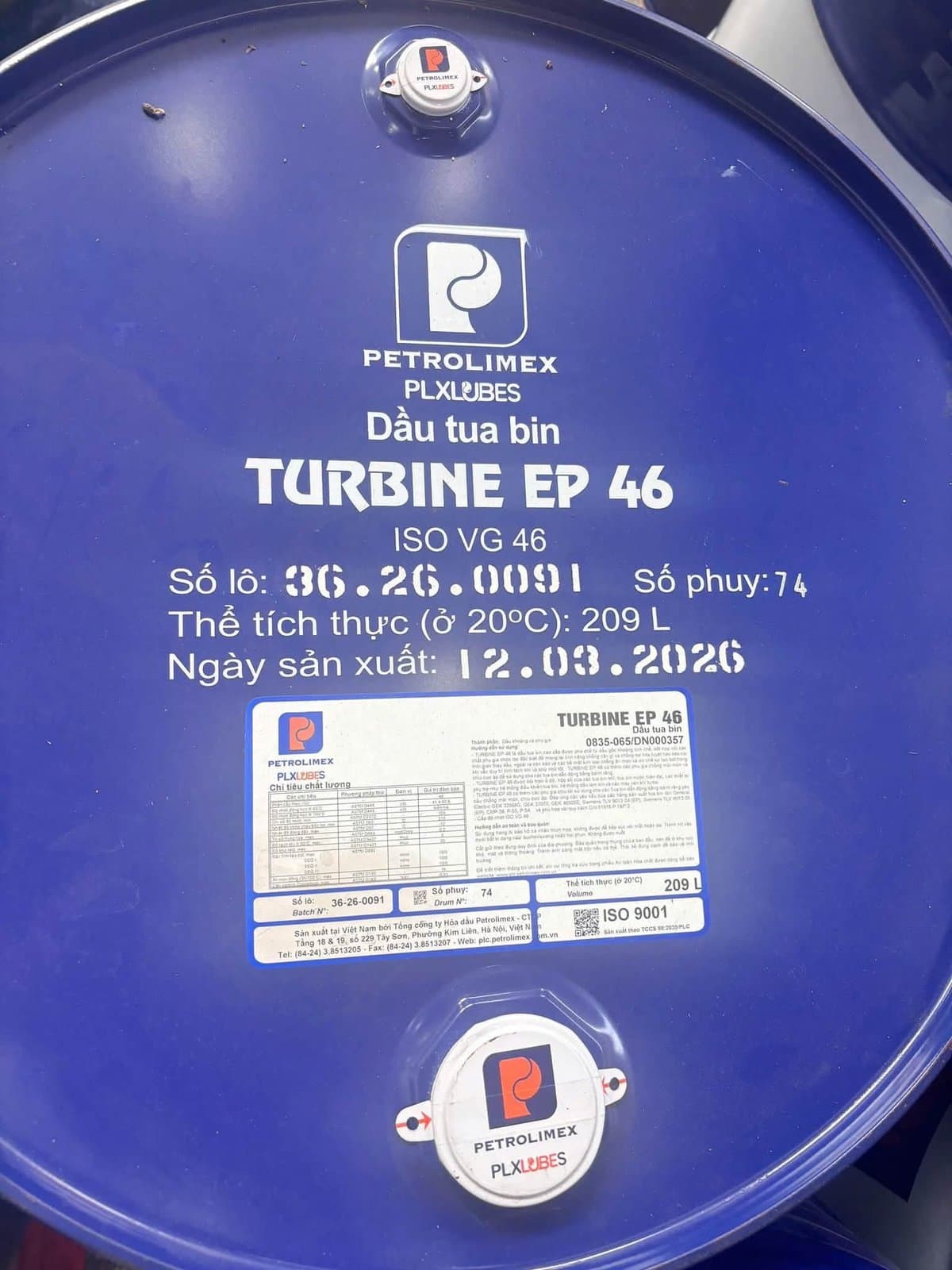 Nhãn phuy dầu tua bin Turbine EP 46 — ISO VG 46, phuy 209L, sản xuất 12/03/2026