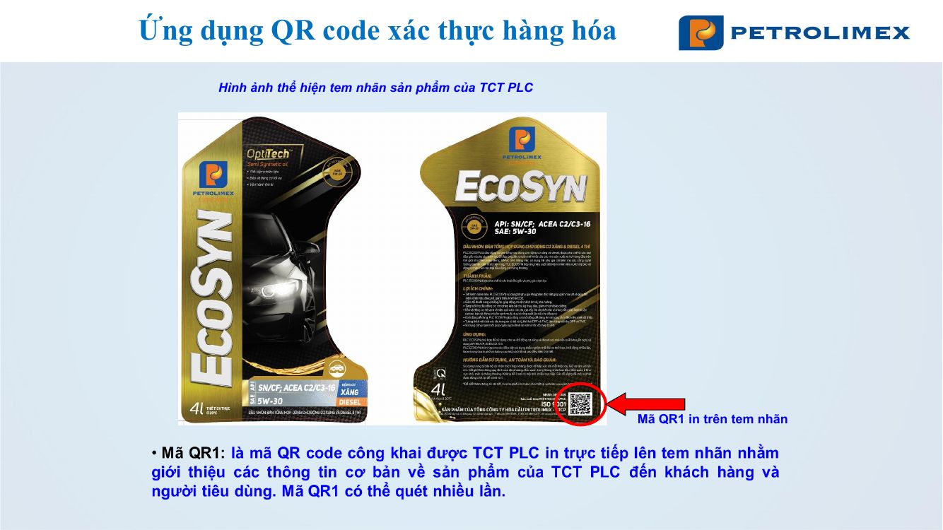 Mã QR1 in trên tem nhãn sản phẩm dầu nhớt Petrolimex