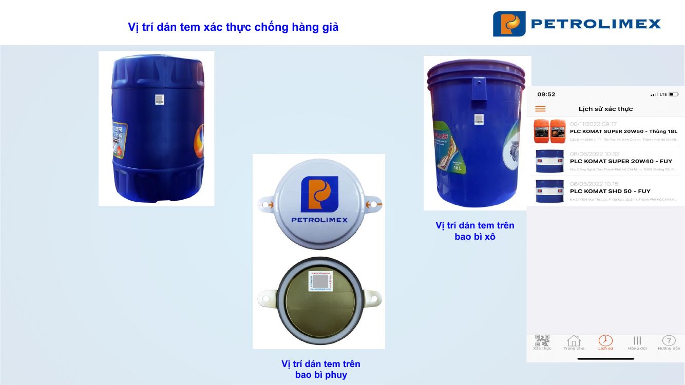 Vị trí dán tem xác thực chống hàng giả trên bao bì xô và phuy